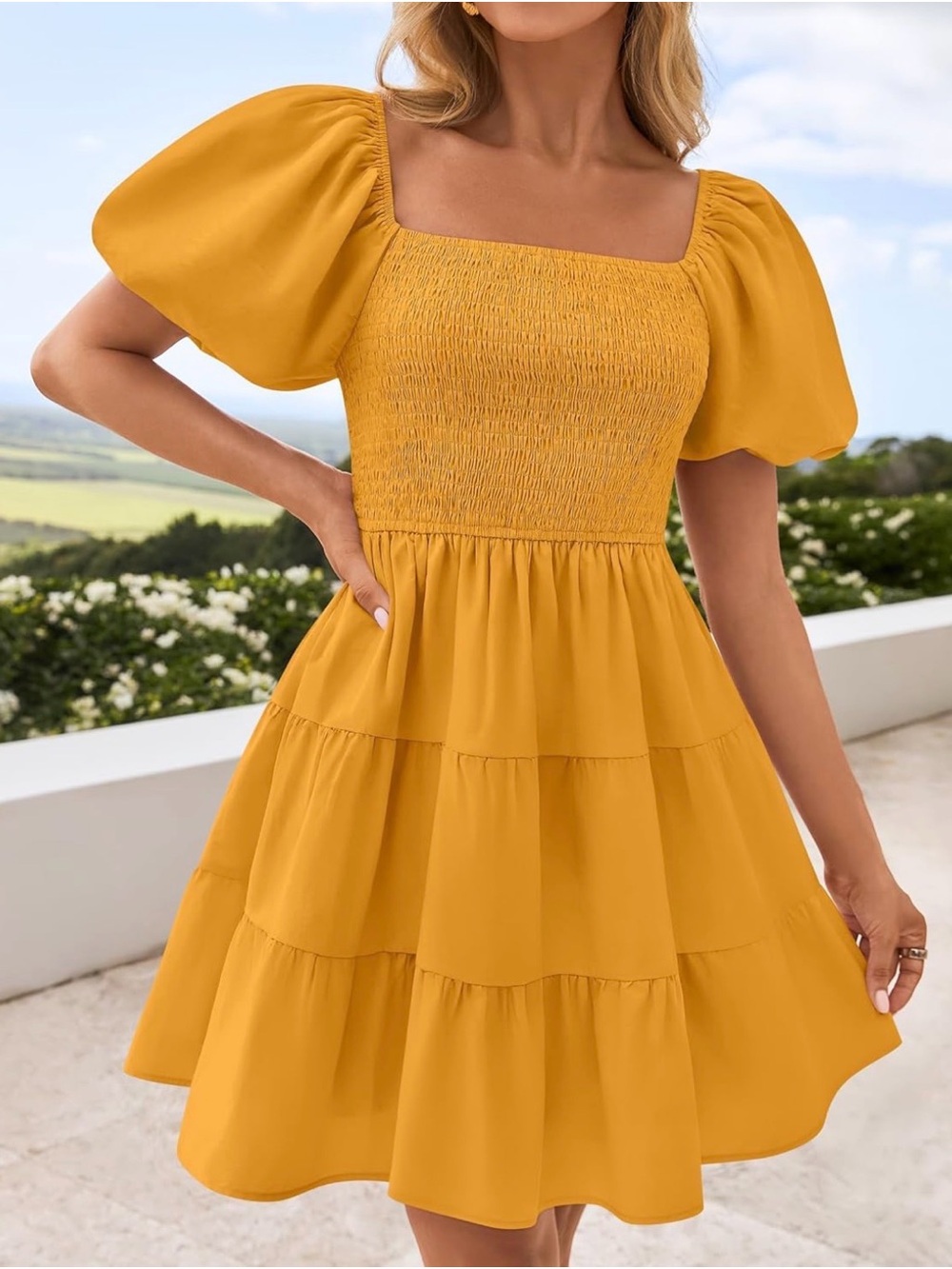 Square-Neck Smocked Puff Sleeve Mini Dress in Mustard